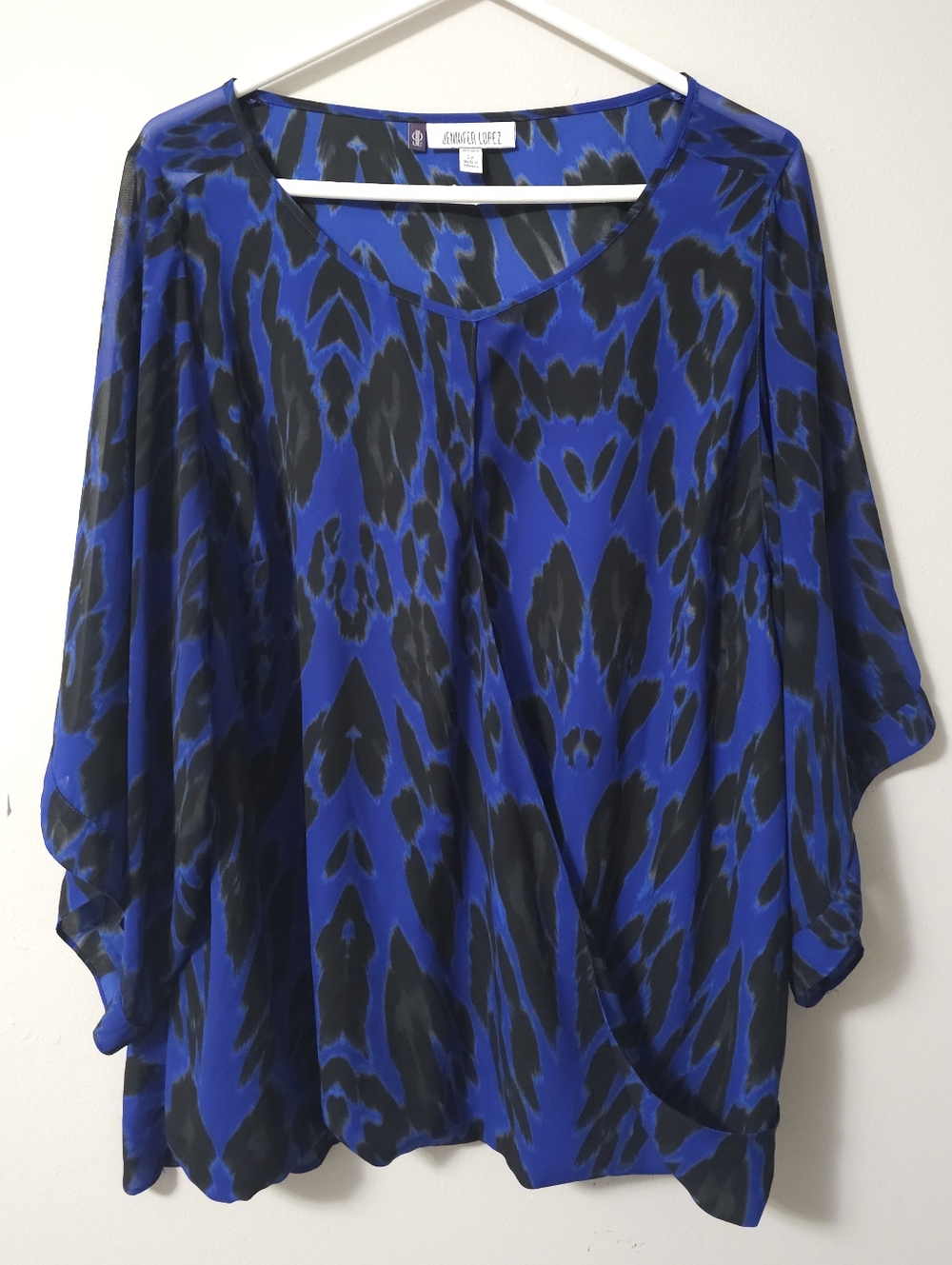 Jennifer Lopez Cobalt Blue & Black Animal Print Wrap Blouse 2XL